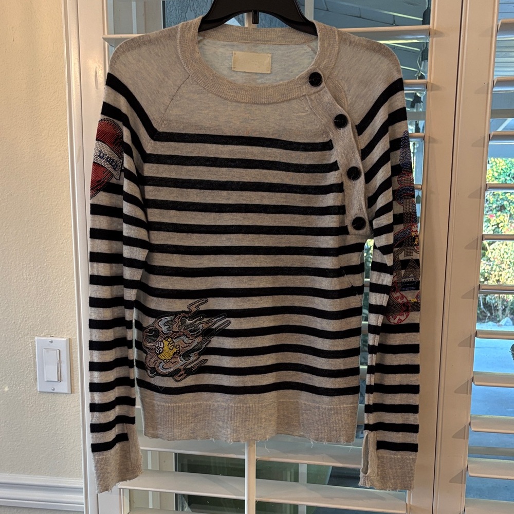 Zadig and Voltaire cashmere Striped Button-Detail Sweater.